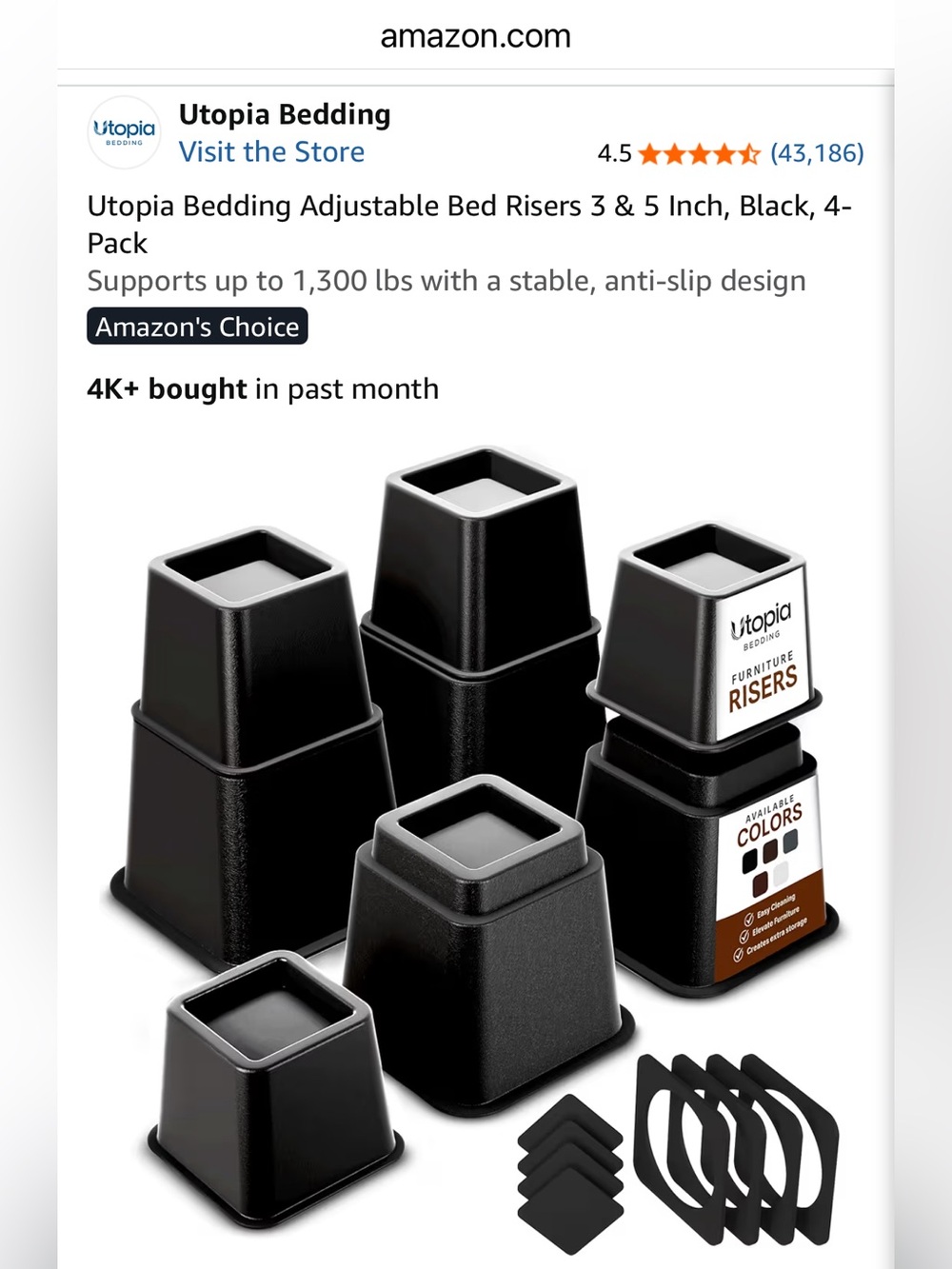 Utopia Bedding Adjustable Furniture Risers - Black